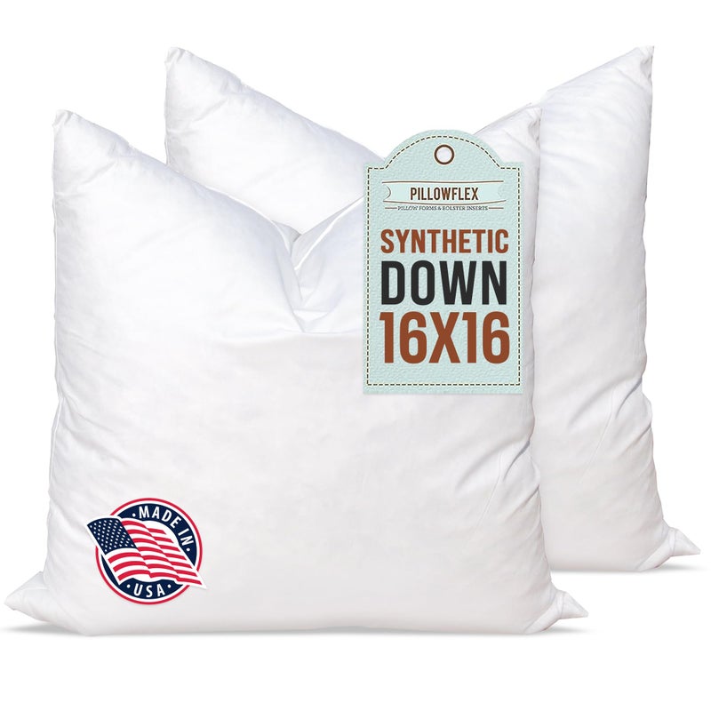 Pillowflex Synthetic Down Alternative Pillow Inserts for Shams - Comfy Pillows for Sleeping, Handmade Down Alternative Throw Pillow Inserts - (16x16 Set of 2) - Image 1